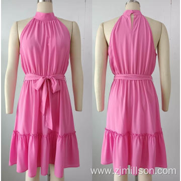 Woven Pink Sleeveless Belt Ruffles Dress